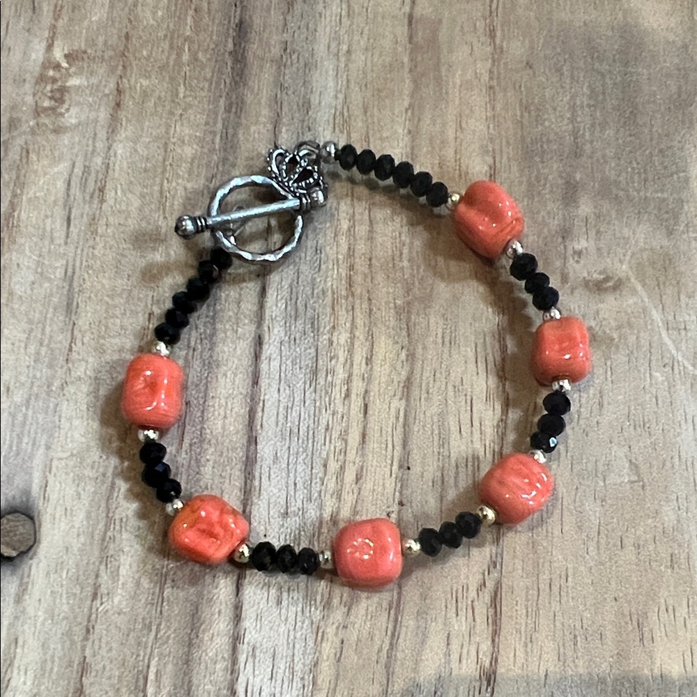 Black and Coral Beaded Bracelet